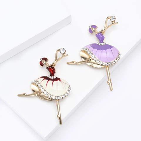 Exquisite Enamel Ballet Dancer Brooch Alloy Rhinestone Inlaid Elegant Dancing Girl Pin For Women Clothing Jewelry Decoration