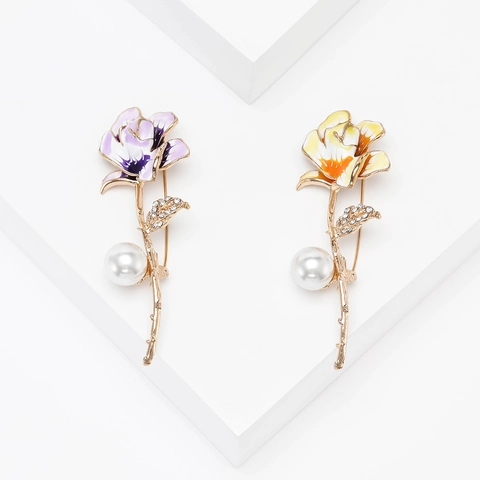 Spilla in Lega di Rose e Fiori in Smalto Fatto a Mano per Donna Con Perla Artificiale Strass Intarsiato Moda Vestito Accessorio Gioielli