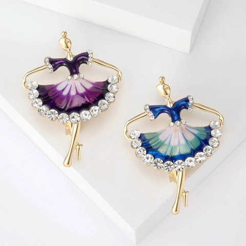Elegante Broche de Niña de Ballet de Aleación de Oro Esmalte Degradado Gota de Aceite Incrustado Strass para Mujer Traje Joyería