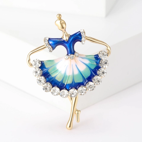 Elegante Broche de Niña de Ballet de Aleación de Oro Esmalte Degradado Gota de Aceite Incrustado Strass para Mujer Traje Joyería