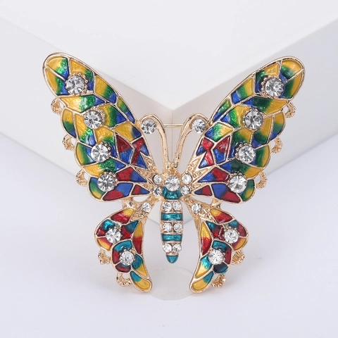 Broche de Mariposa de Esmalte de Aleación Vintage Con Diamantes de Imitación Blancos Joyería de Moda para Mujeres