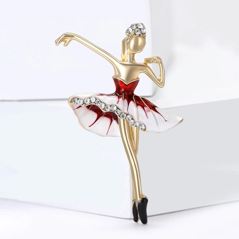 Elegant Alloy Enamel Ballet Dancer Girl Brooch Gold Plated Rhinestone Clothing Pin Fashion Jewelry For Women Daily Decor