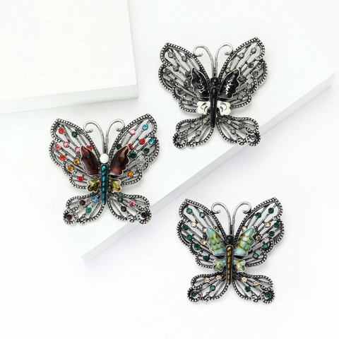 Broche de Mariposa Hueco de Aleación Vintage para Mujer Elegante Ramillete de Insecto de Esmalte de Diamantes de Imitación Joyería