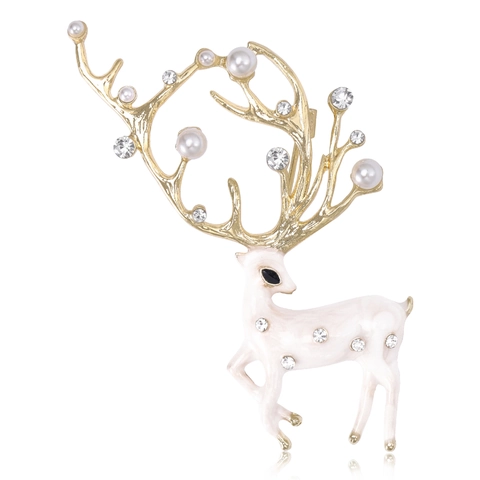 Broche Renne en Alliage de Mode Avec Perle Artificielle Strass Incrusté Émail Cerf Épingle Bijoux pour Femme Cadeau Accessoire