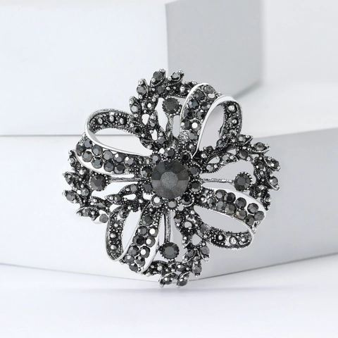Vintage Legierung Strass Hohl Blume Brosche Für Damen Retro Floral Schleife Design Gun Black Silber Elegante Mode Brosche Pin