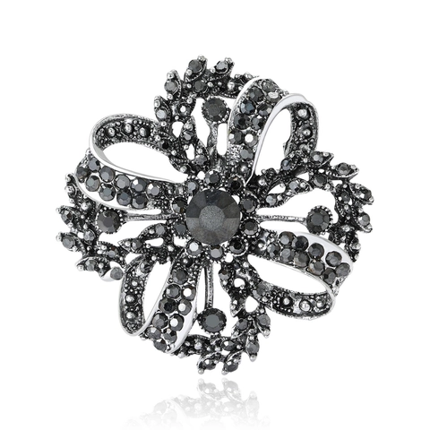 Vintage Legierung Strass Hohl Blume Brosche Für Damen Retro Floral Schleife Design Gun Black Silber Elegante Mode Brosche Pin