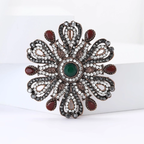 Spilla Vintage in Lega con Strass a Forma di Fiore Traforato per Donna Spilla Floreale Bronzo Antico per Abito Cappotto Gioielli di Moda
