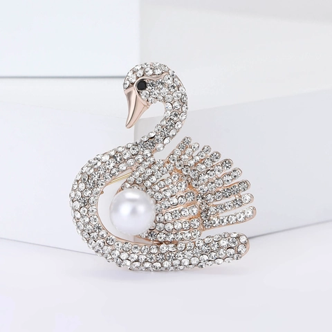 Eleganter Schwan Form Legierung Brosche Für Damen Mit Strass Und Künstliche Perle Eingelegt Mode Schmuck Kleid Zubehör Geschenk
