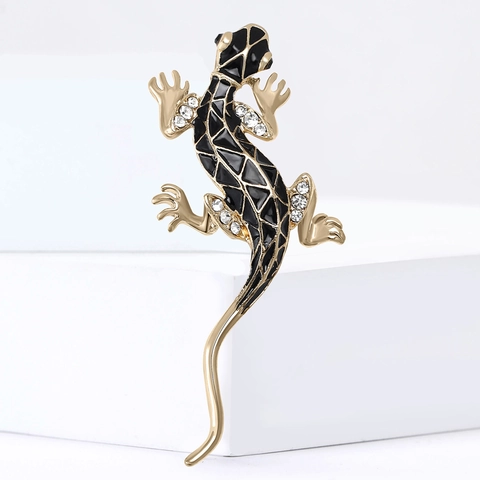 Vintage Alloy Gecko Brooch With Black Enamel And Rhinestones Lizard Animal Shape Pin For Men Women Coat Jacket Jewelry Gift