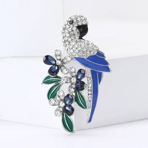 Moda Lega Strass Pappagallo Spilla Blu Smalto Fiore Spilla Gioielli Regalo Per Donne Abito Cappotto Accessori