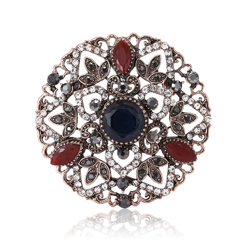 Spilla Rotonda in Lega Retrò Con Pietra Centrale Blu E Strass Scintillanti Design Floreale Traforato Vintage Per Gioielli Da Donna