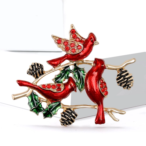 Vintage Enamel Red Cardinal Birds Brooch Alloy Rhinestone Christmas Pinecones Branch Pin Jewelry For Women Festival Gift