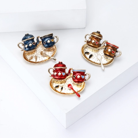 Kreative Legierung Emaille Nachmittagstee Teekanne Tasse Löffel Tablett Brosche Pin Schmuck Für Damen Herren Anzug Zubehör Geschenk