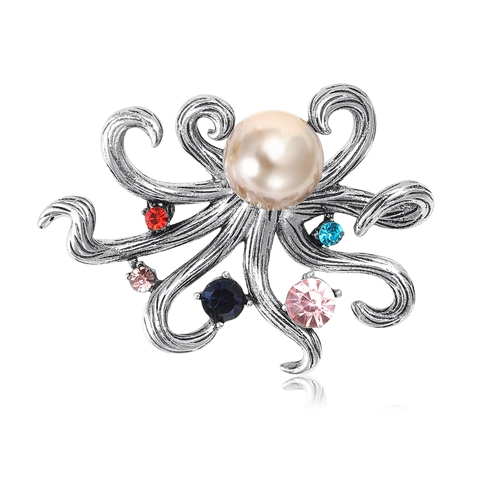 Broche Poulpe Vintage Avec Grande Perle Artificielle et Strass Colorés Alliage Pins Animaux pour Femmes Bijoux de Mode