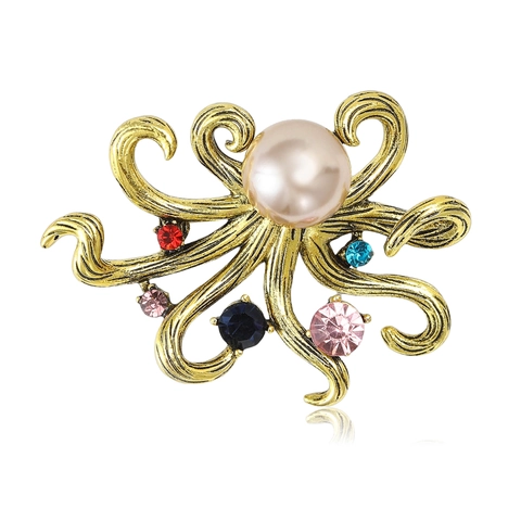 Broche Poulpe Vintage Avec Grande Perle Artificielle et Strass Colorés Alliage Pins Animaux pour Femmes Bijoux de Mode