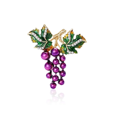 Elegant Grape Fruit Brooch For Women Gold Alloy Pin With Green Enamel Leaves Sparkling Rhinestones Fashion Jewelry Gift