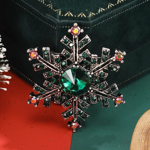 Spilla Fiocco di Neve in Lega Vintage per Donna con Strass Verdi Intarsiati Spilla Natale Festa Gioielli Accessorio Cappotto Regalo