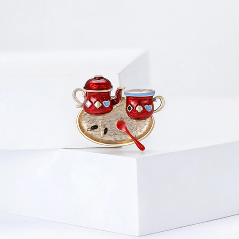 Kreative Legierung Emaille Nachmittagstee Teekanne Tasse Löffel Tablett Brosche Pin Schmuck Für Damen Herren Anzug Zubehör Geschenk