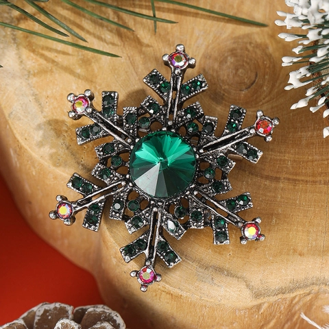 Spilla Fiocco di Neve in Lega Vintage per Donna con Strass Verdi Intarsiati Spilla Natale Festa Gioielli Accessorio Cappotto Regalo