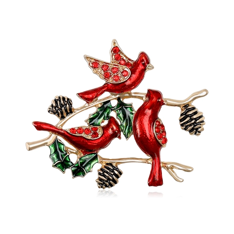 Vintage Enamel Red Cardinal Birds Brooch Alloy Rhinestone Christmas Pinecones Branch Pin Jewelry For Women Festival Gift
