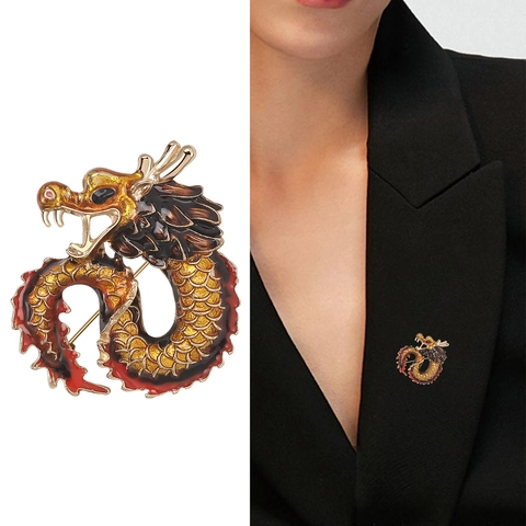 Broche Dragon en Alliage Style Chinois Émail Goutte d'Huile Épinglette pour Homme Costume Veste Sac à Dos Oeil en Strass Bijoux Cadeau