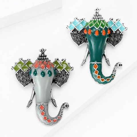 Bohemian Enamel Elephant Head Brooch Pin Alloy Rhinestone Antique Silver Animal Corsage For Women Fashion Coat Dress Jewelry