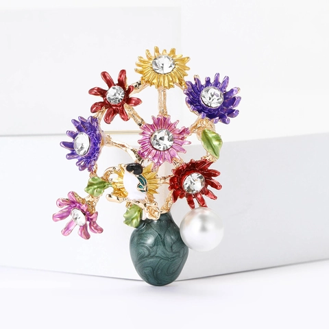 Broche de Palais Rétro en Alliage Émail Tournesol Multicolore Strass Perle Artificielle Oiseau Vase à Fleurs Broche pour Femmes