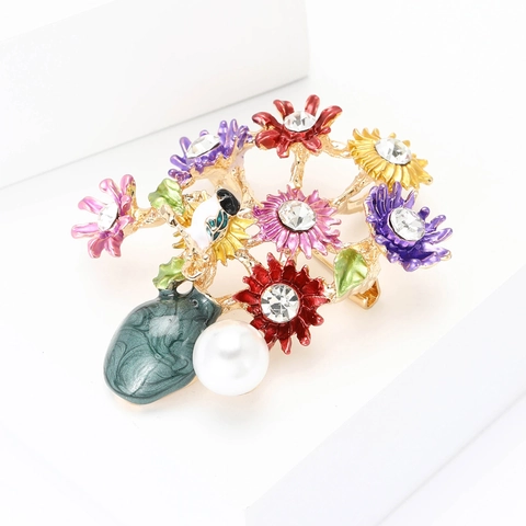 Broche de Palais Rétro en Alliage Émail Tournesol Multicolore Strass Perle Artificielle Oiseau Vase à Fleurs Broche pour Femmes