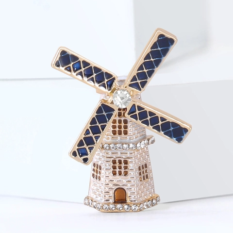 Fashion Enamel Windmill Brooch Vintage Alloy Rhinestone Inlaid Drip Oil Pin Elegant Suit Lapel Accessory Jewelry For Unisex