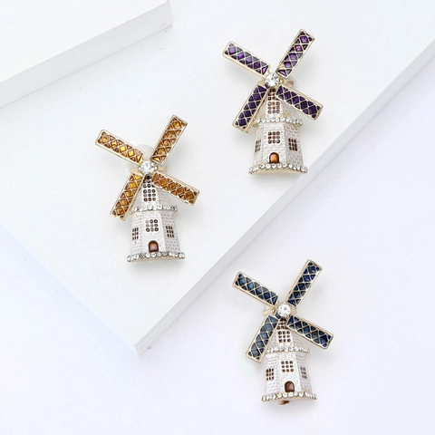 Vintage Enamel Windmill Brooch With Rhinestones Alloy Crystal Lighthouse Pin For Women Fashion Clothes Accessories Gift