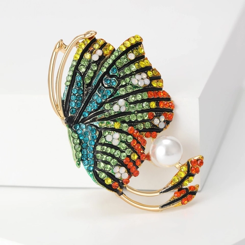 Vintage Butterfly Brooch For Women Alloy Rhinestone Colorful Enamel Pin With Artificial Pearl Elegant Banquet Jewelry Gift