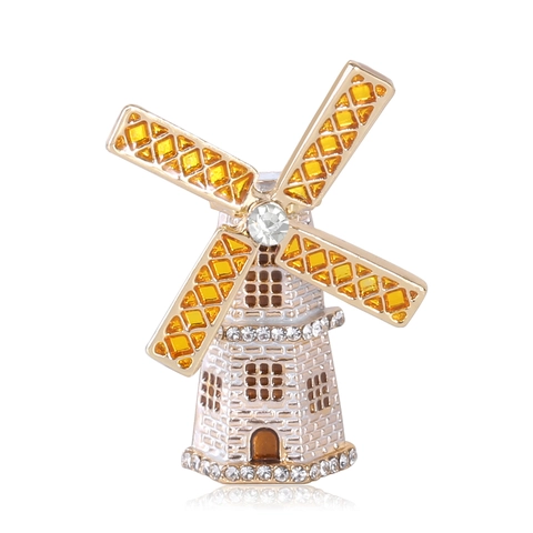 Fashion Enamel Windmill Brooch Vintage Alloy Rhinestone Inlaid Drip Oil Pin Elegant Suit Lapel Accessory Jewelry For Unisex