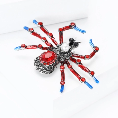 Vintage Alloy Spider Brooch With Red Rhinestone Artificial Pearl Gothic Antique Silver Animal Pin Jewelry For Women