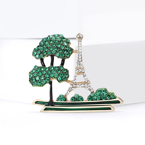 Spilla in Lega Vintage Torre Eiffel Albero di Pino Con Strass Verdi Smalto per Donna Uomo Maglione Accessorio Gioielli