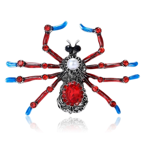Vintage Alloy Spider Brooch With Red Rhinestone Artificial Pearl Gothic Antique Silver Animal Pin Jewelry For Women