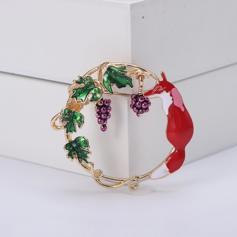 Spilla Creativa in Lega Smalto Volpe Uva Ghirlanda Corsage Animale Intarsiata con Strass Gioielli di Moda per Regalo Donna