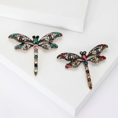 Vintage Alloy Dragonfly Brooch For Women Exquisite Multi Color Rhinestone Insect Pin Coat Decoration Fashion Jewelry Gift