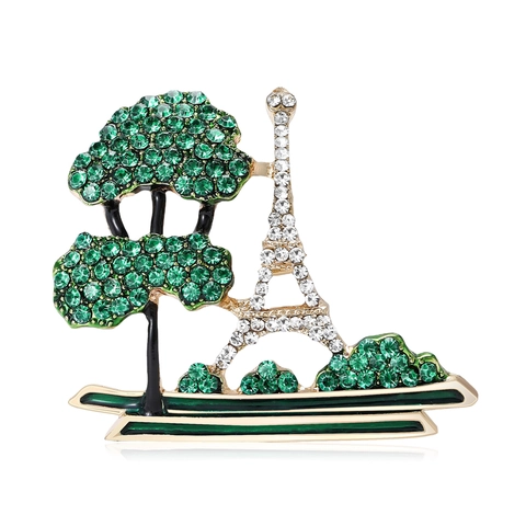 Spilla in Lega Vintage Torre Eiffel Albero di Pino Con Strass Verdi Smalto per Donna Uomo Maglione Accessorio Gioielli
