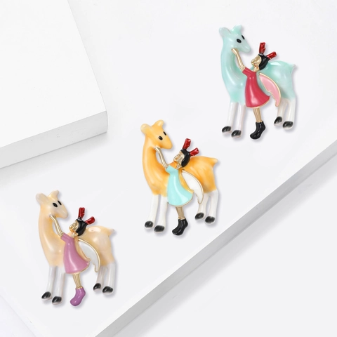 Cute Cartoon Enamel Girl And Deer Brooch Pin For Women Alloy Fairy Tale Figurine Animal Brooch Clothing Accessories Jewelry Gift