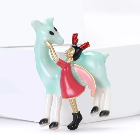 Cute Cartoon Enamel Girl And Deer Brooch Pin For Women Alloy Fairy Tale Figurine Animal Brooch Clothing Accessories Jewelry Gift