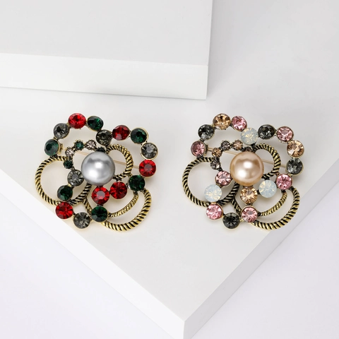 Spilla a Fiore in Lega Vintage per Donna Con Grande Perla Artificiale e Strass Intarsiati Fermaglio per Sciarpa Gioielli