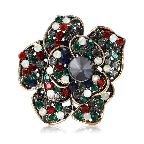 Vintage Western Floral Rhinestone Brooch Retro Gold Alloy Flower Pin For Women Men Clothing Accessories Banquet Jewelry