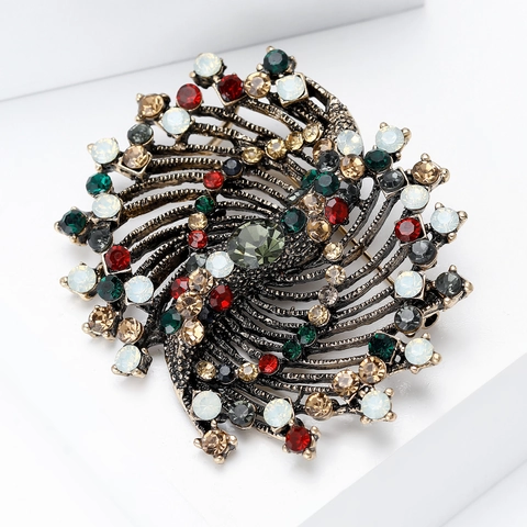 Retro Alloy Multi Color Rhinestone Spiral Brooch Pin For Women Vintage Luxurious Radiating Swirl Flower Brooch Jewelry Gift