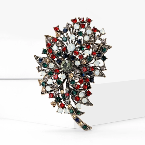 Vintage Alloy Multi-Color Rhinestone Flower Brooch For Women Antique Gold Finish Victorian Style Floral Pin Jewelry