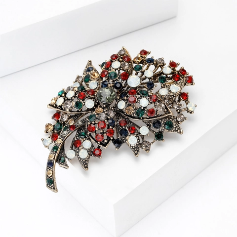Vintage Alloy Multi-Color Rhinestone Flower Brooch For Women Antique Gold Finish Victorian Style Floral Pin Jewelry