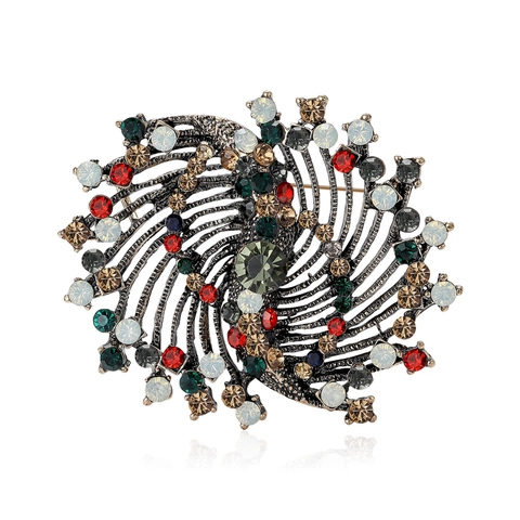Retro Alloy Multi Color Rhinestone Spiral Brooch Pin For Women Vintage Luxurious Radiating Swirl Flower Brooch Jewelry Gift