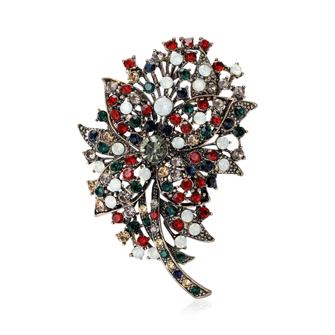 Vintage Alloy Multicolor Rhinestone Flower Cluster Brooch For Women Men Retro Antique Gold Floral Leaf Shape Clothing Accessory Pin
