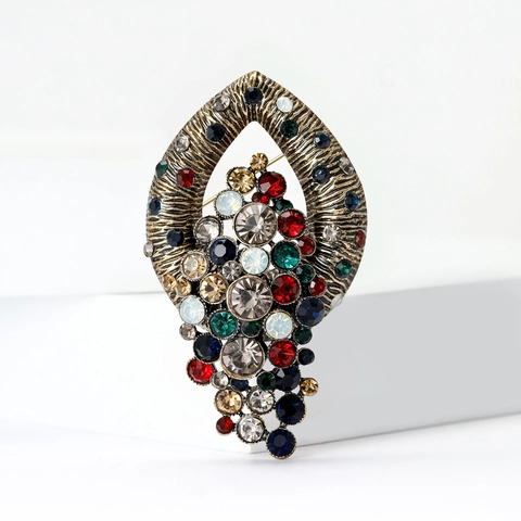 Vintage Alloy Multi Color Rhinestone Brooch Pin For Women Baroque Hollow Teardrop Design Antique Gold Finish Fashion Jewelry