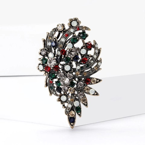 Vintage Antique Gold Multi Color Rhinestone Floral Brooch Pin For Women Luxury Alloy Hollow Leaf Brooch Fashion Accessories