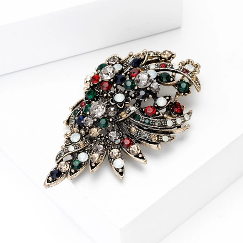 Vintage Antique Gold Multi Color Rhinestone Floral Brooch Pin For Women Luxury Alloy Hollow Leaf Brooch Fashion Accessories